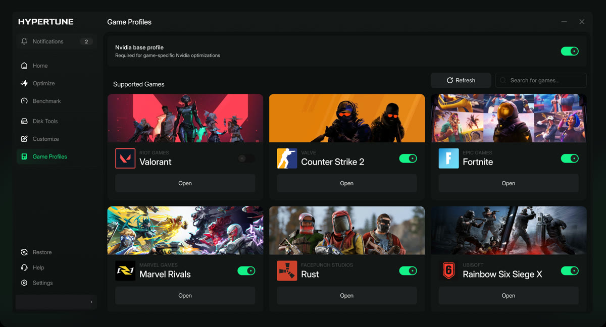 Hypertune Game Profiles screen with Valorant, Counter Strike 2, Fortnite, Marvel Rivals, Rust and Rainbow Six Siege X