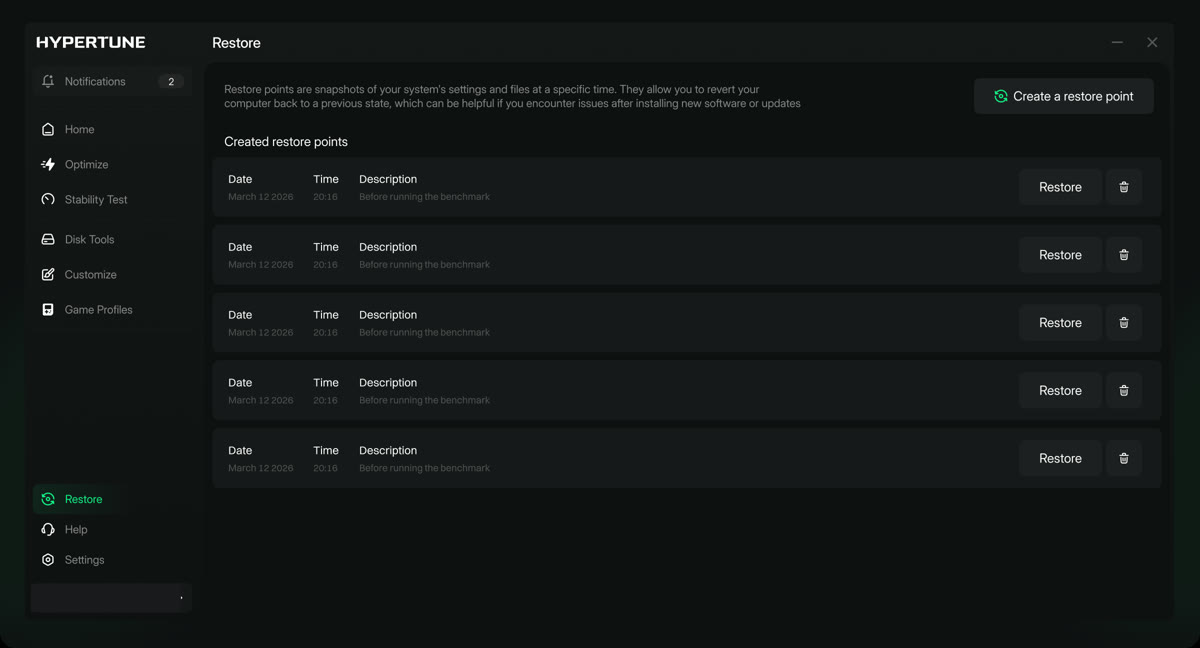 Hypertune restore point screen